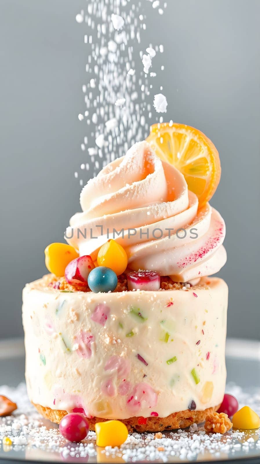 A stunning dessert showcases layers of cake topped with creamy frosting, colorful sprinkles, and a slice of lemon. Powdered sugar is artfully sprinkled on top, enhancing its appeal.