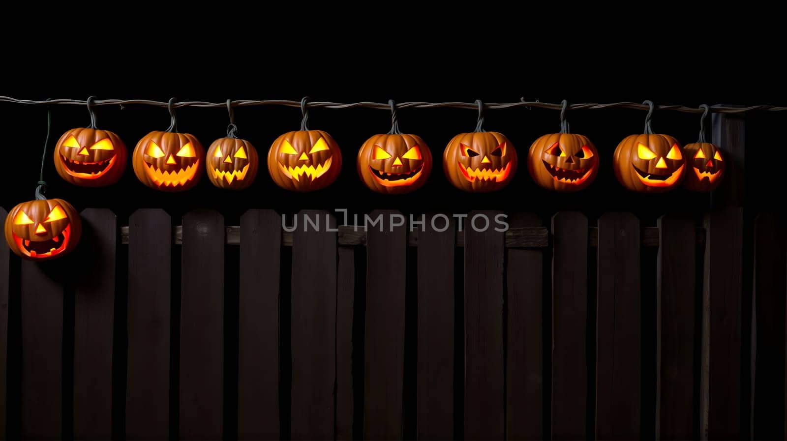 A line of glowing jack-o'-lanterns is displayed on a wooden fence, creating a festive atmosphere for Halloween night, with carved faces illuminating the dark surroundings.
