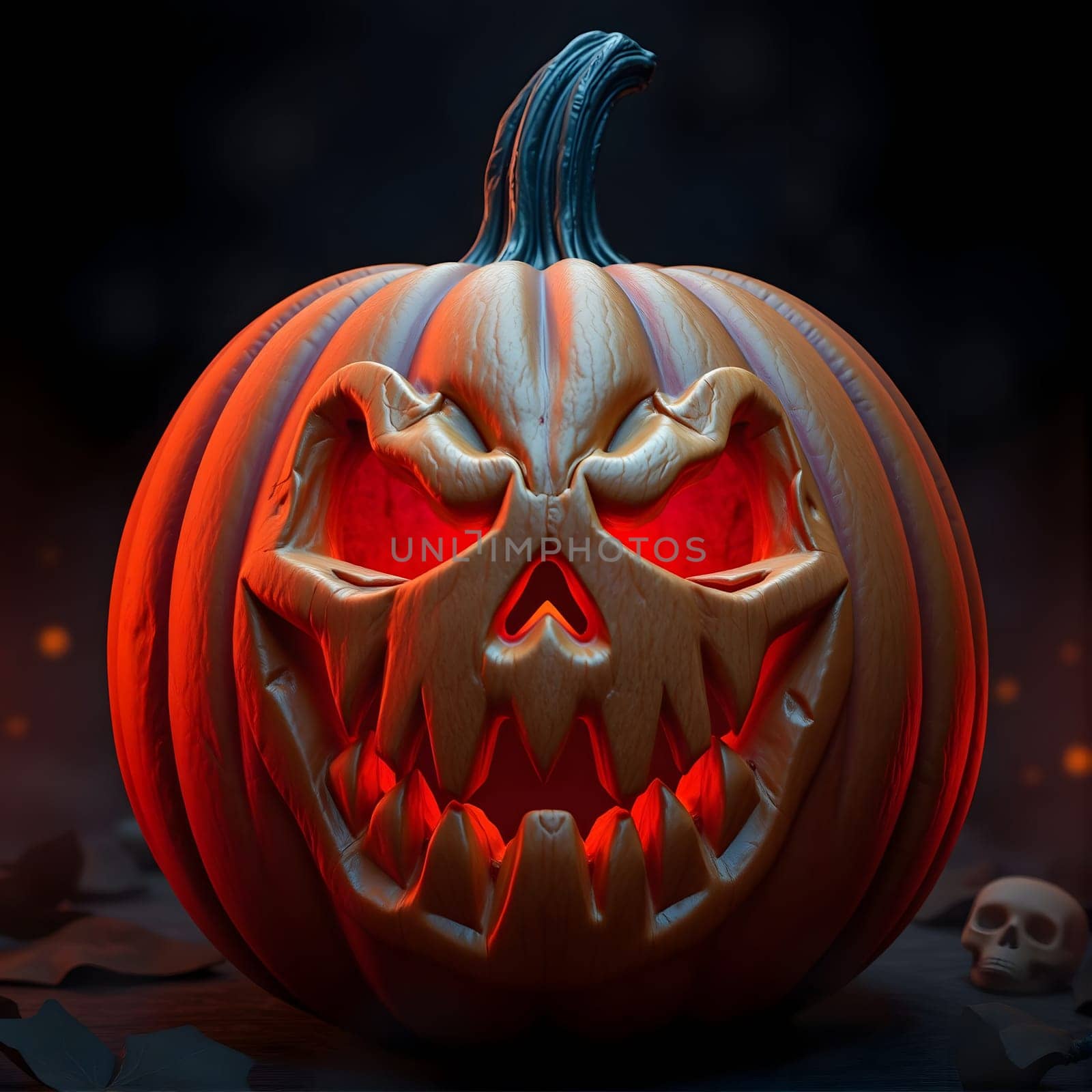 A menacing pumpkin displays intricate carvings with glowing eyes and a sharp-toothed grin, set against a dark backdrop, creating an eerie Halloween atmosphere.