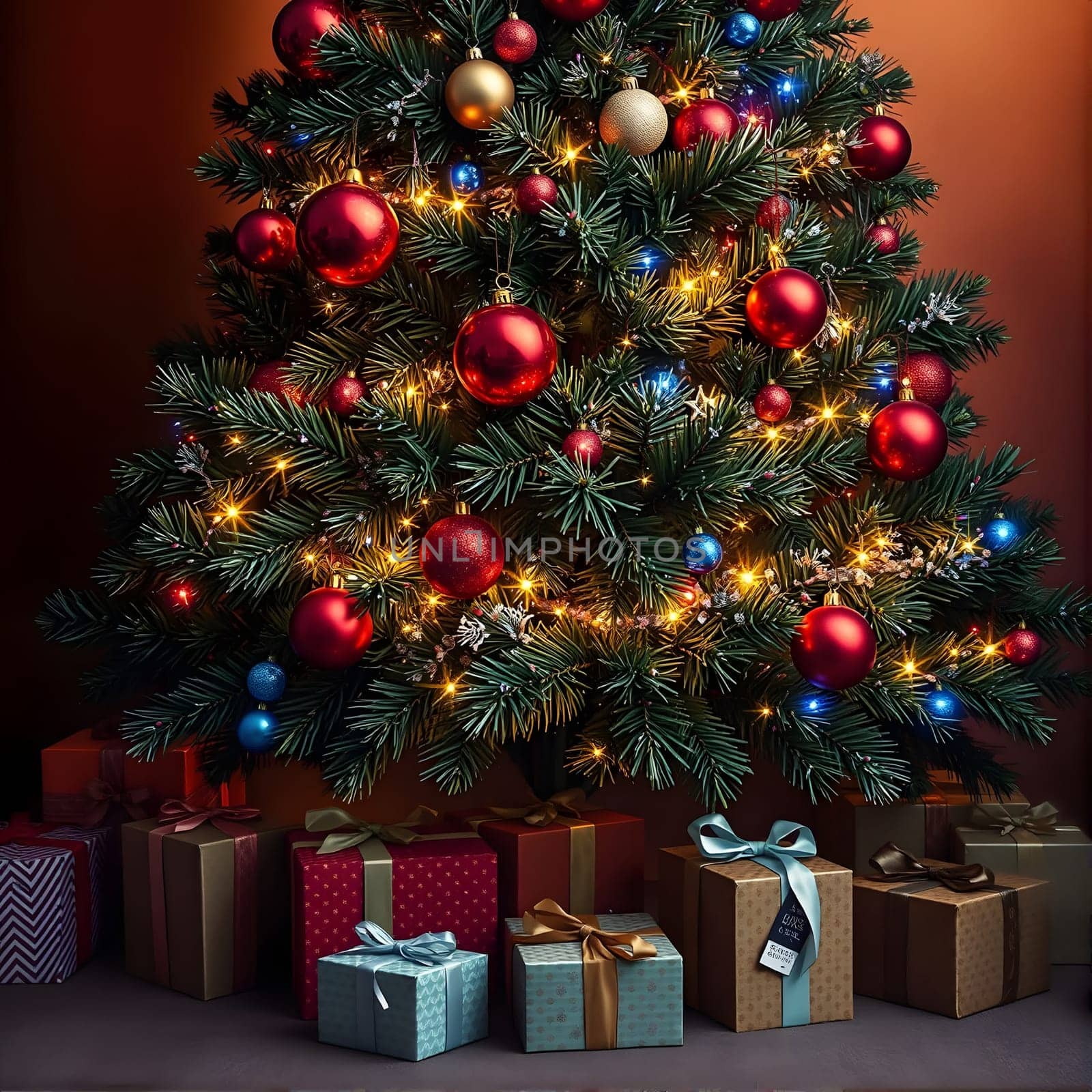 Under soft golden lights, a festive Christmas tree is decorated with shiny red and blue ornaments, surrounded by carefully wrapped gifts, creating a warm seasonal atmosphere.