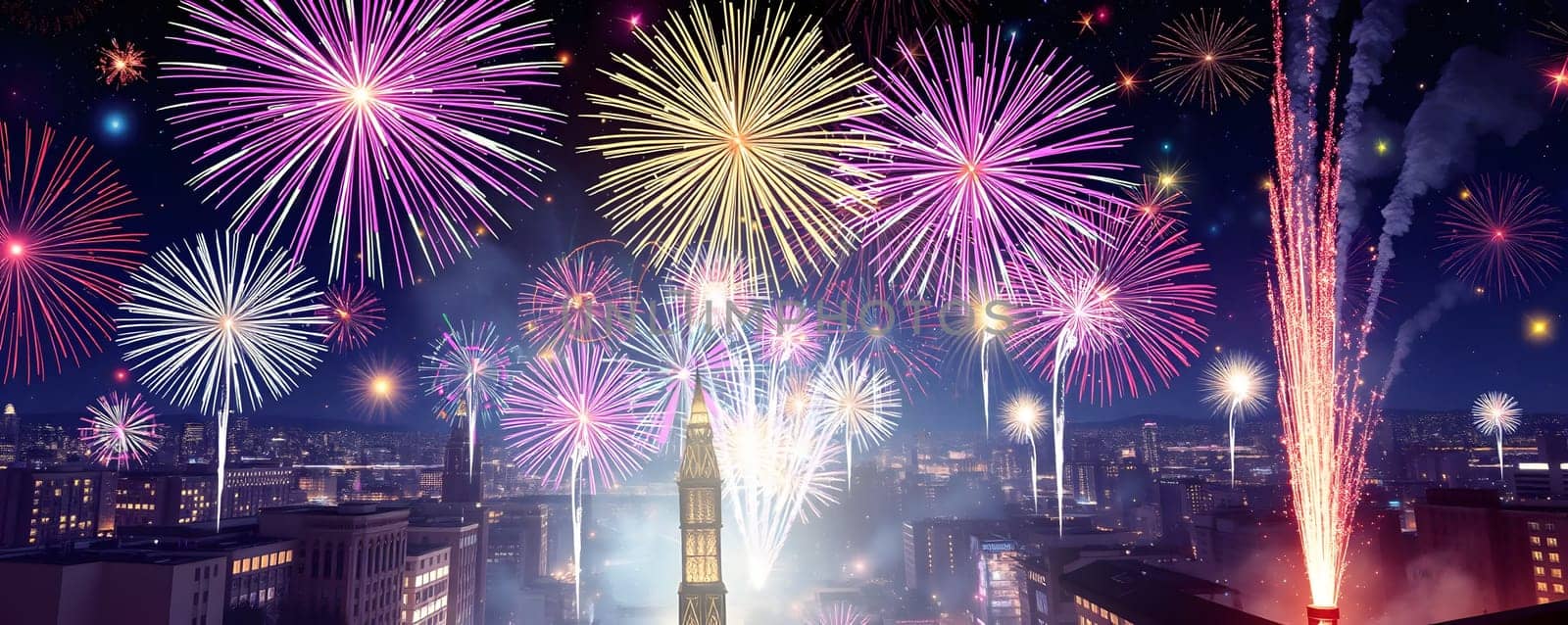 Colorful fireworks burst in the night sky, creating a stunning display above a lively city