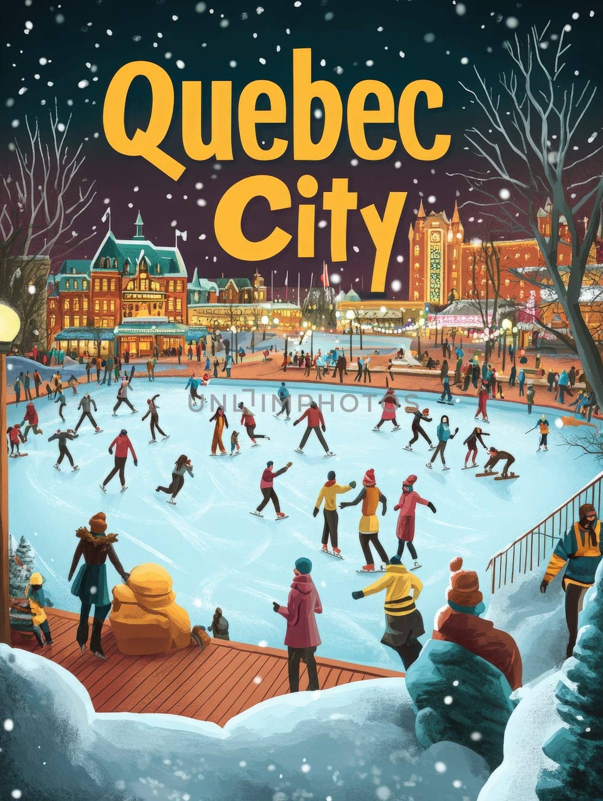 Under a blanket of snow, skaters glide joyfully across a vibrant outdoor rink in Quebec City. Twinkling lights illuminate the scene, enhancing the festive atmosphere of winter fun and community.