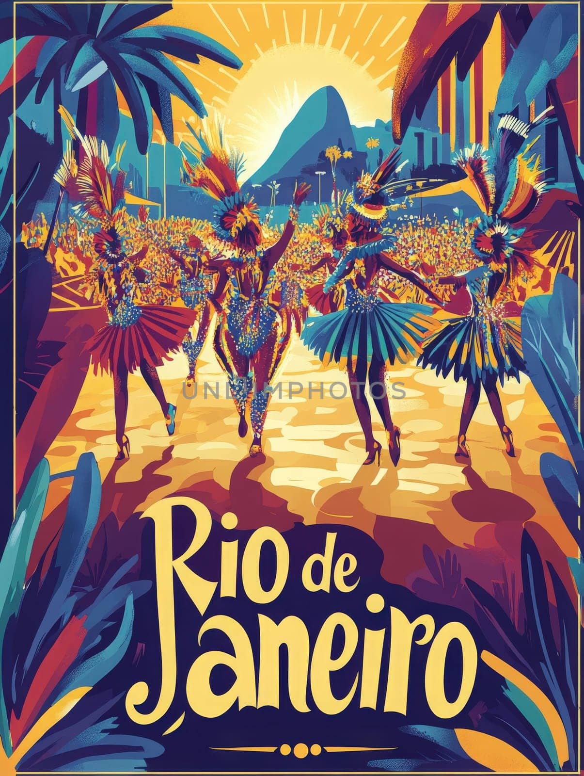 Colorful performers dance exuberantly, adorned in striking costumes that capture the spirit of Rio de Janeiros famous carnival