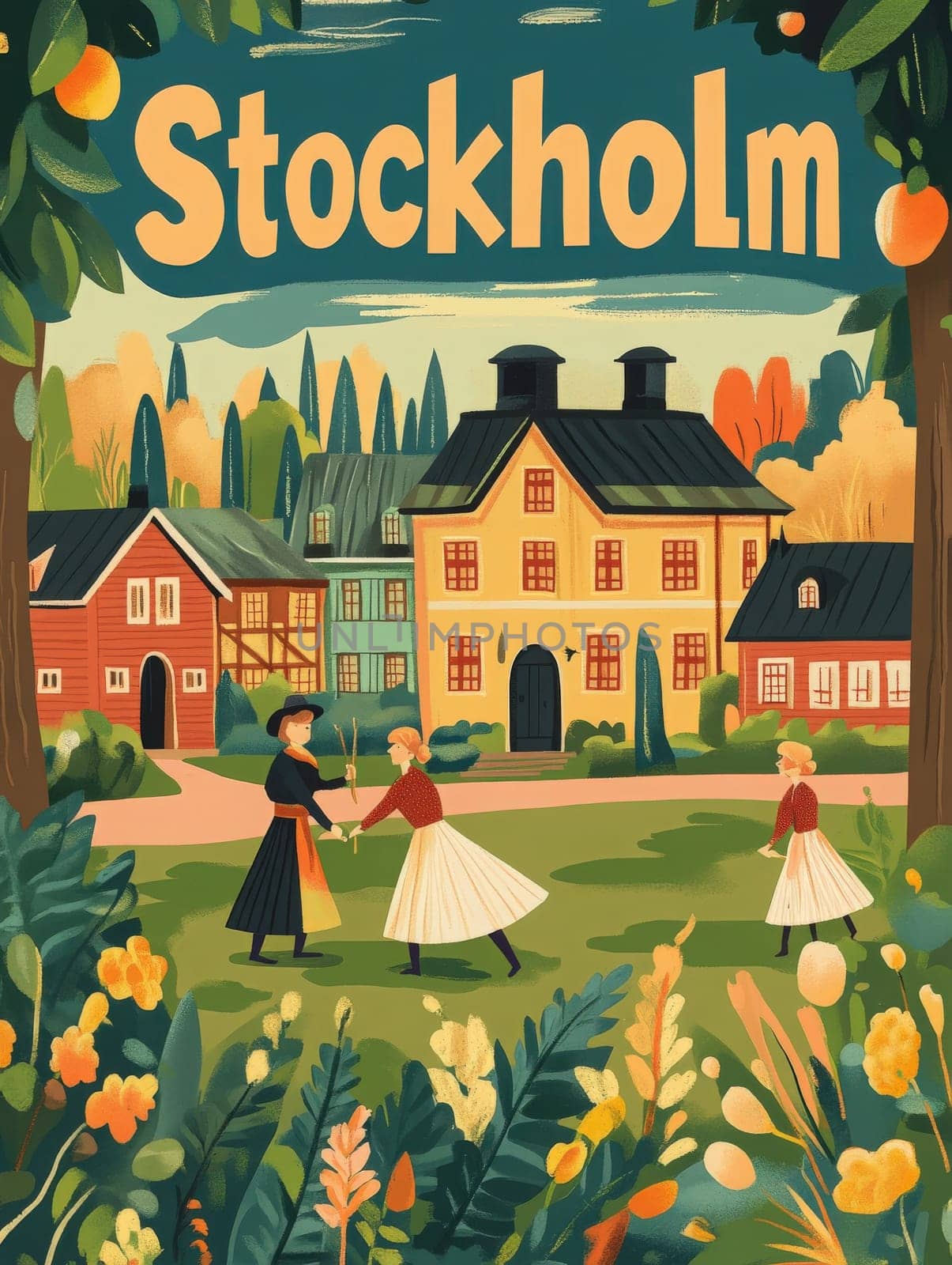 Explore the enchanting streets of Stockholm, where historical architecture meets colorful flowers. Experience the warmth of local culture as people dance in harmony beneath lush greenery.