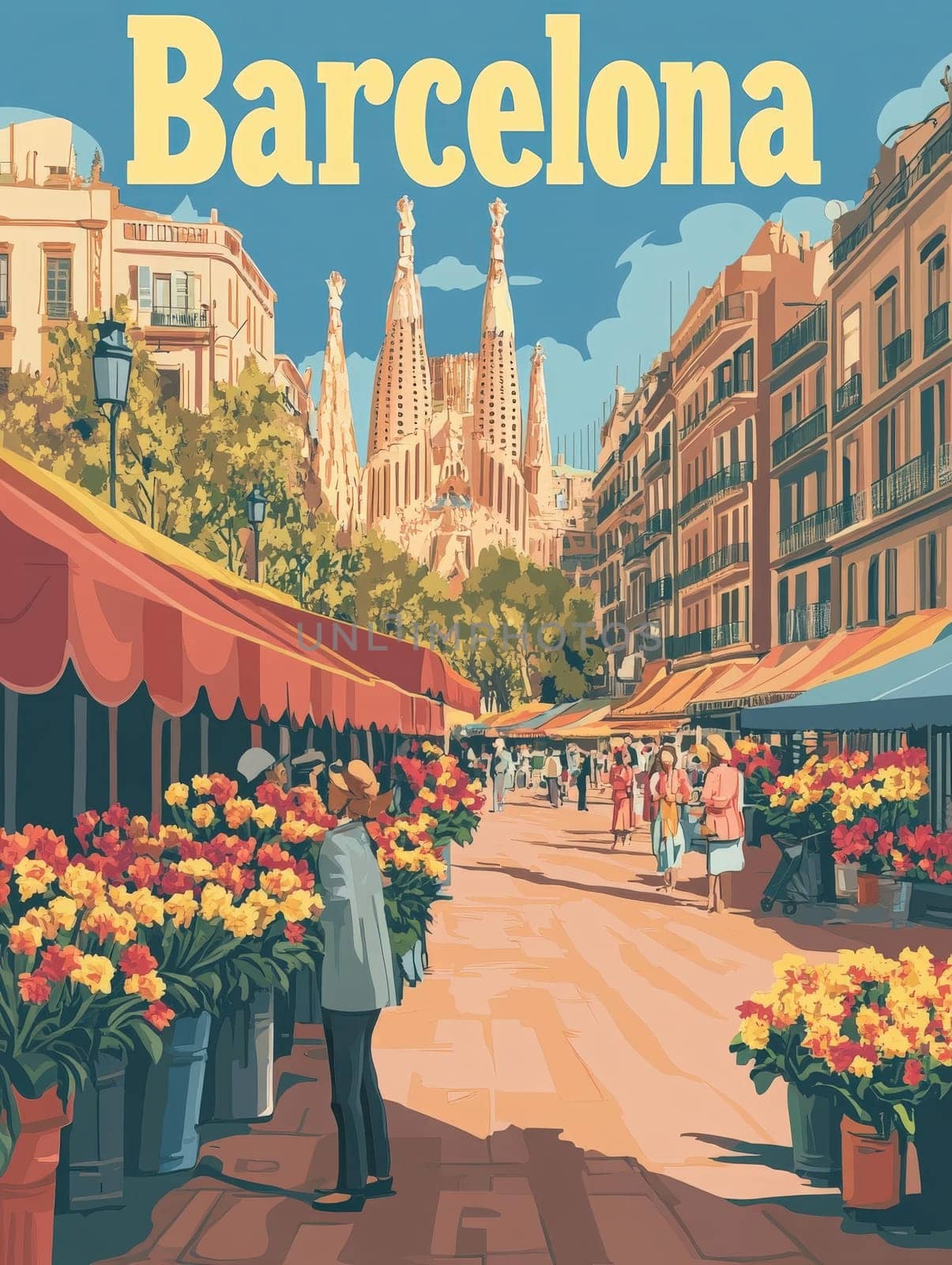 Stroll through a lively street market adorned with colorful flowers, framed by the iconic spires of a grand cathedral. Enjoy the bright sunshine and the bustling atmosphere of Barcelona.