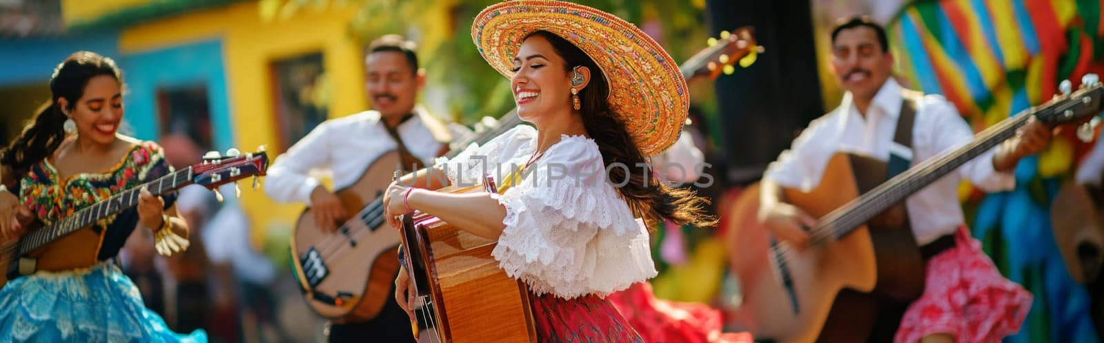 Festive street scene with smiling people in traditional Mexican clothing singing and dancing, AI generated