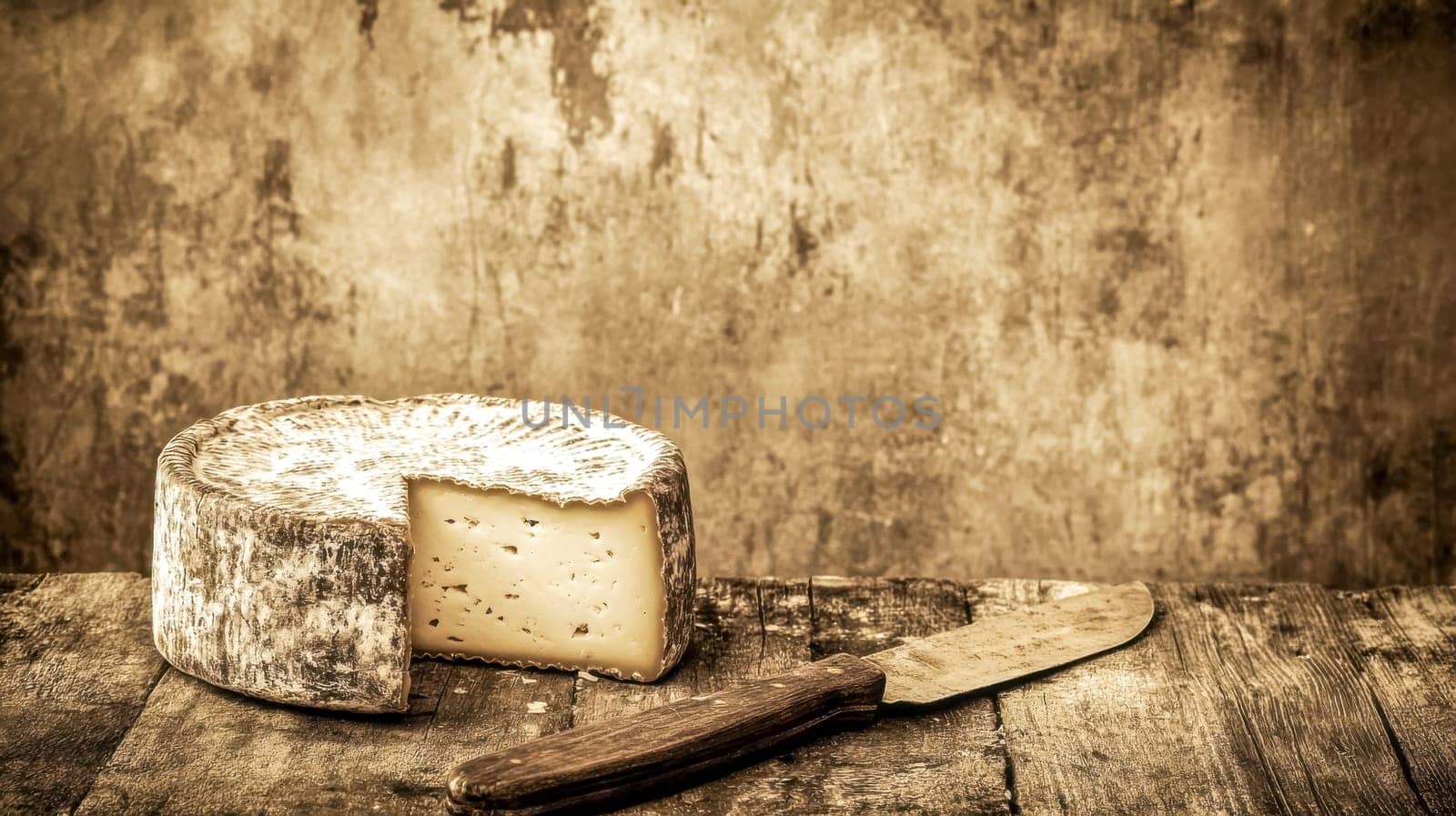 Wheel of aged cheese is presented on a rustic wooden table, with a knife resting beside it and a textured background. The warm, sepia tones evoke a sense of tradition and craftsmanship