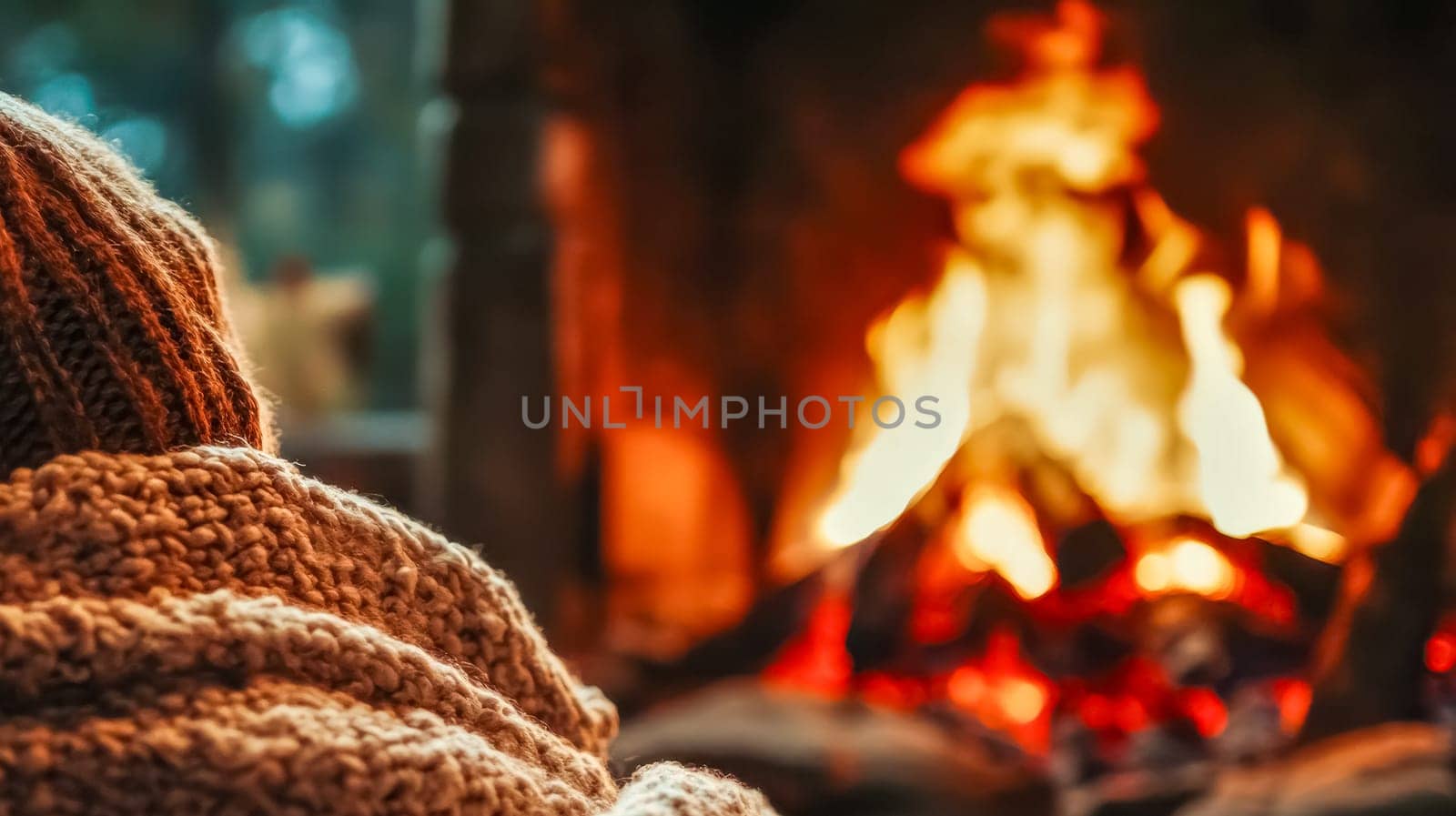Woman enjoys the warmth of a crackling fireplace on a cold day, relaxing in her cozy home. The fire's hues create a peaceful ambiance perfect for winter evenings