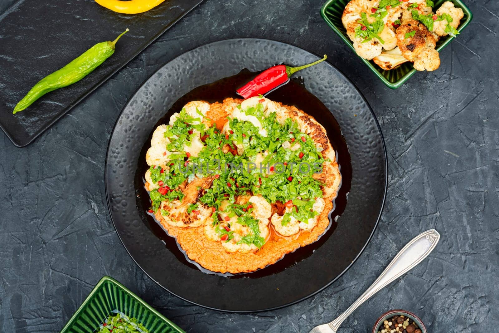 Roasted cauliflower florets are drizzled with creamy tahini sauce and sprinkled with pomegranate served on a rustic wooden table.