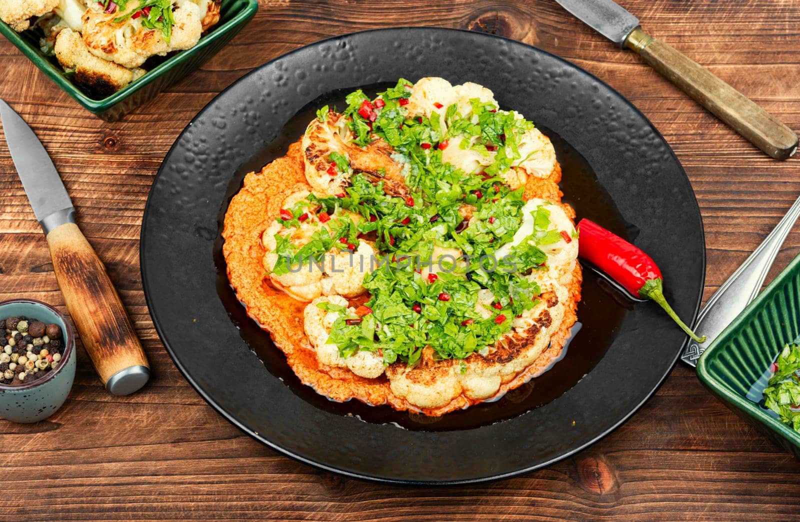 Roasted cauliflower florets are drizzled with creamy tahini sauce and sprinkled with pomegranate served on a rustic wooden table.