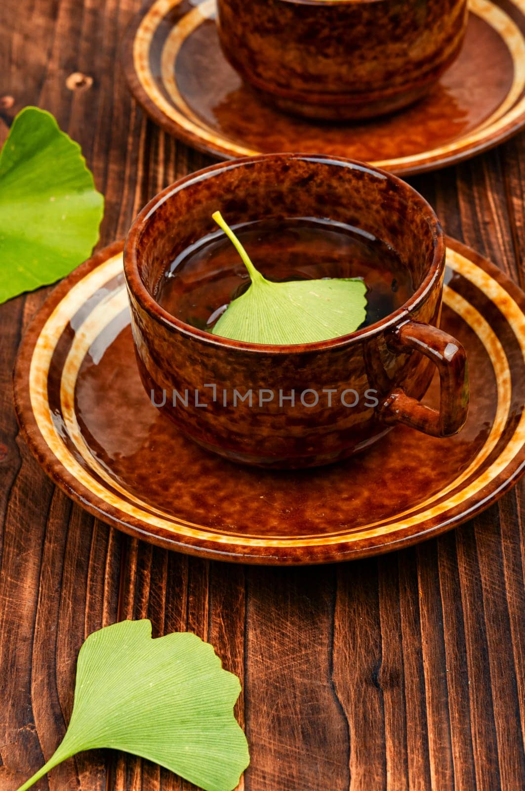 A cup of herbal tea, green Ginkgo biloba leaves. Herbal tea in a cup on a wooden table