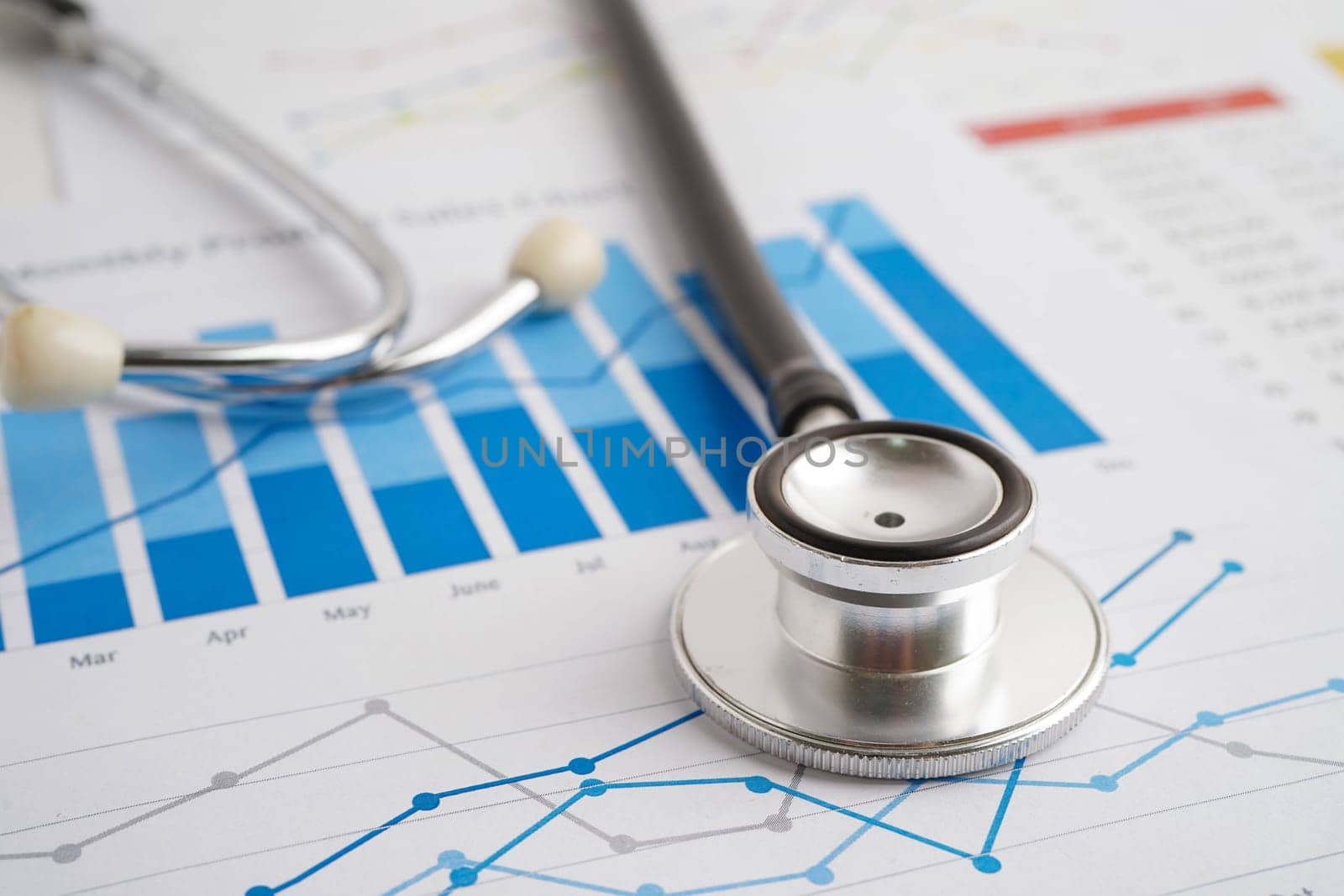 Stethoscope on chart or graph paper, Financial, account, statistics and business data medical health.