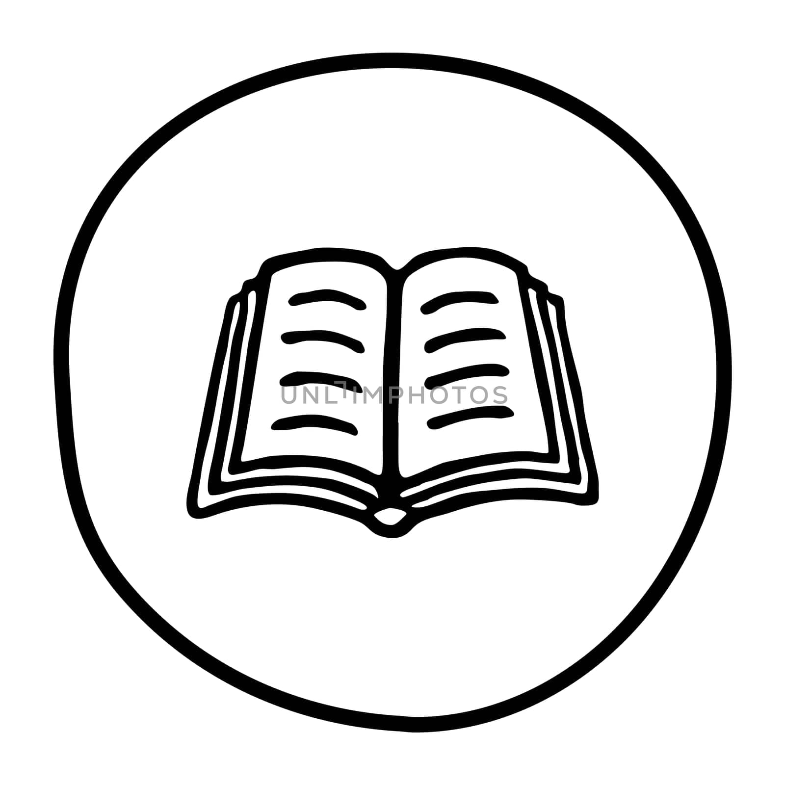 Doodle book icon handdrawn with ink pen. Knowledge and education symbol painted in grunge freehand style. Vector illustration isolated on white background