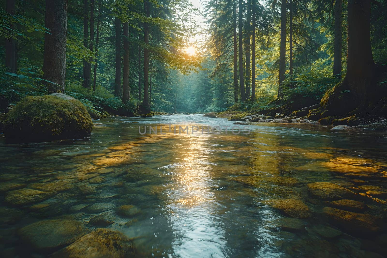 A bright and peaceful view of a lush forest with a crystal clear stream that reveals the rocks beneath. Sunlight filters through tall trees. No people. A natural scene suitable for ecotourism.