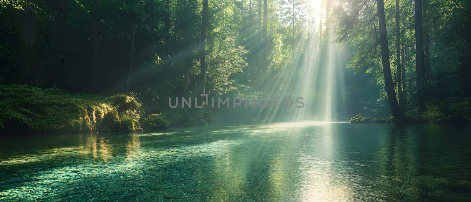 A bright and peaceful view of a lush forest with a crystal clear stream that reveals the rocks beneath. Sunlight filters through tall trees. No people. A natural scene suitable for ecotourism.