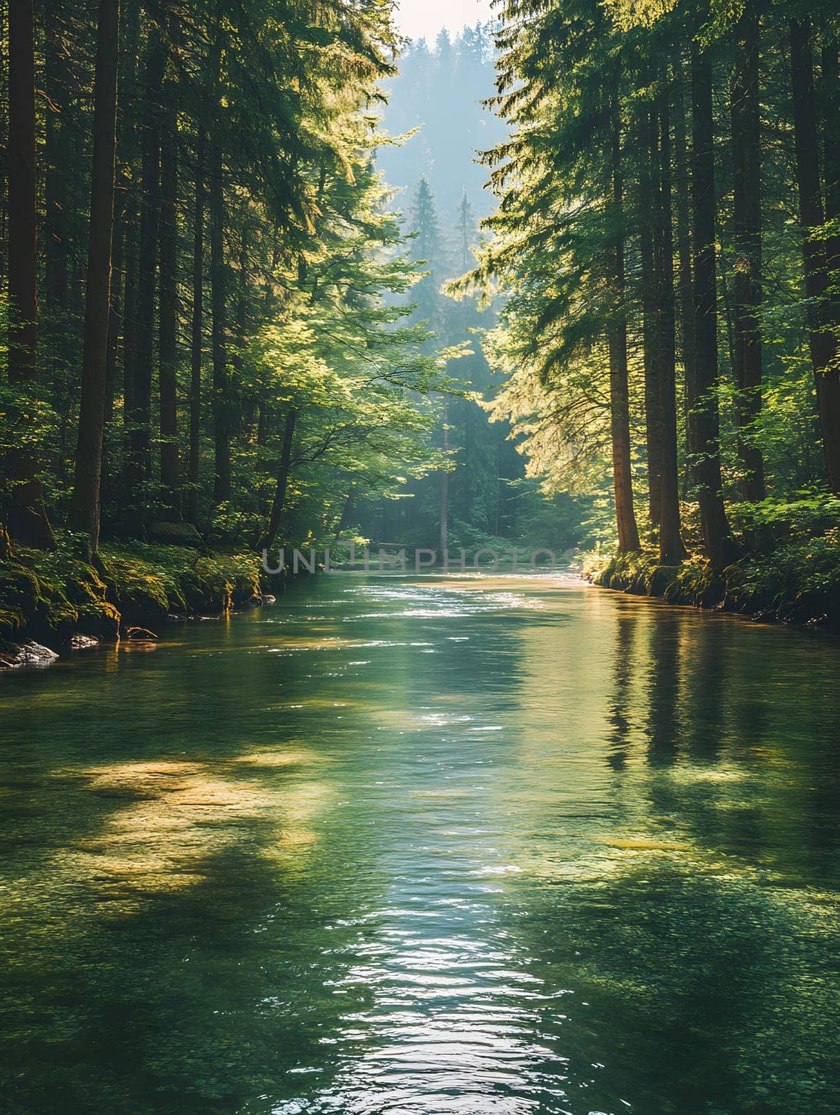A bright and peaceful view of a lush forest with a crystal clear stream that reveals the rocks beneath. Sunlight filters through tall trees. No people. A natural scene suitable for ecotourism.
