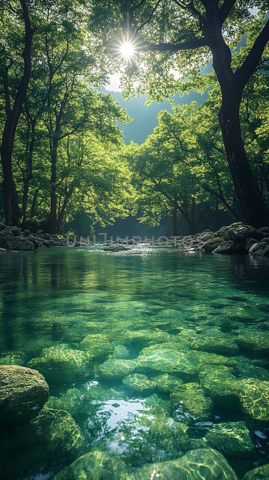 A bright and peaceful view of a lush forest with a crystal clear stream that reveals the rocks beneath. Sunlight filters through tall trees. No people. A natural scene suitable for ecotourism.