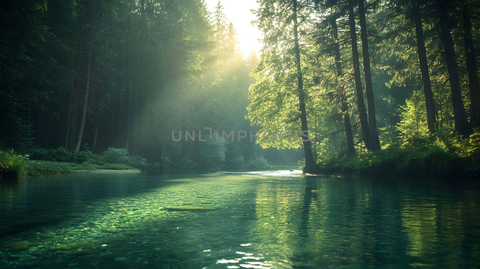 A bright and peaceful view of a lush forest with a crystal clear stream that reveals the rocks beneath. Sunlight filters through tall trees. No people. A natural scene suitable for ecotourism.