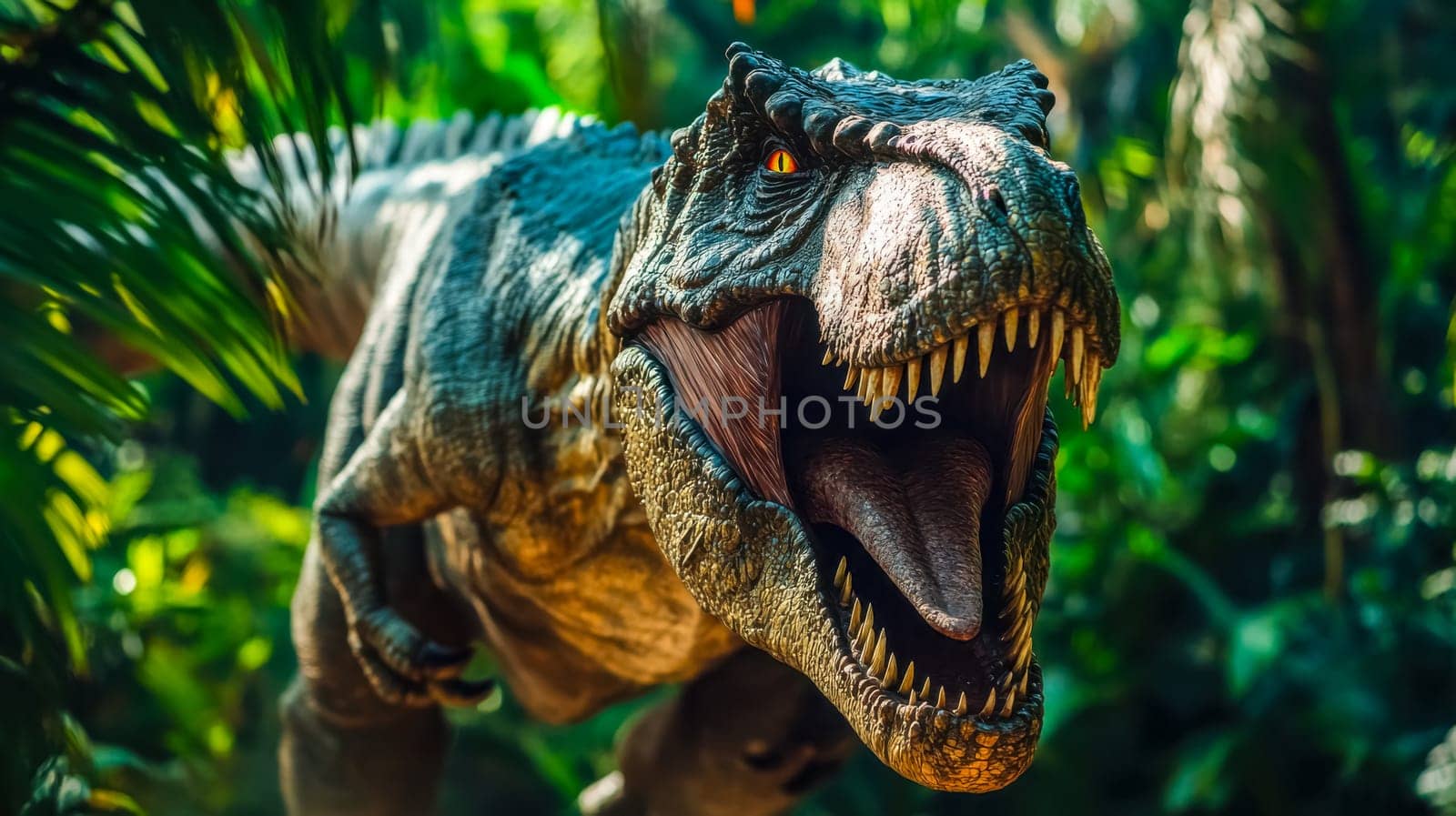 Tyrannosaurus rex with its mouth open baring sharp teeth and tongue is roaring in a tropical forest full of ferns and palm trees