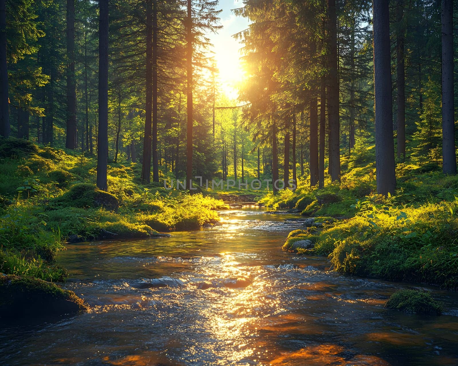 A bright and peaceful view of a lush forest with a crystal clear stream that reveals the rocks beneath. Sunlight filters through tall trees. No people. A natural scene suitable for ecotourism.