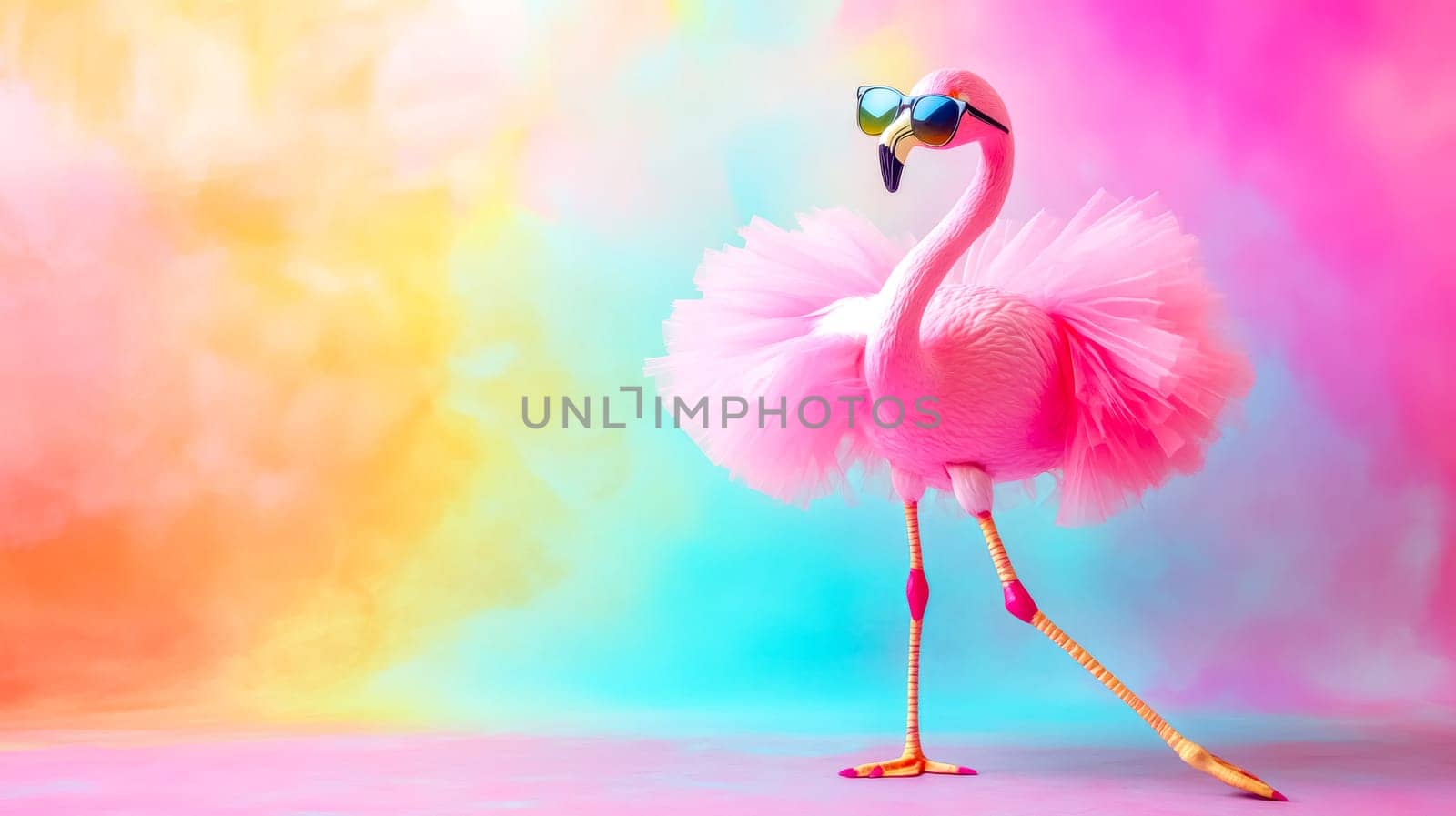 Pink flamingo wearing a pink tutu and sunglasses is posing on a colorful background. This humorous image is perfect for summer, fashion and fun concepts