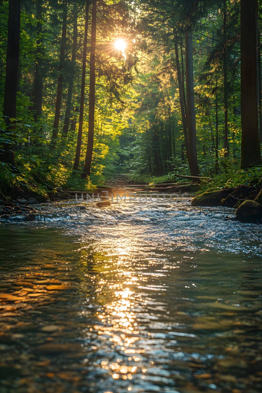 A bright and peaceful view of a lush forest with a crystal clear stream that reveals the rocks beneath. Sunlight filters through tall trees. No people. A natural scene suitable for ecotourism.