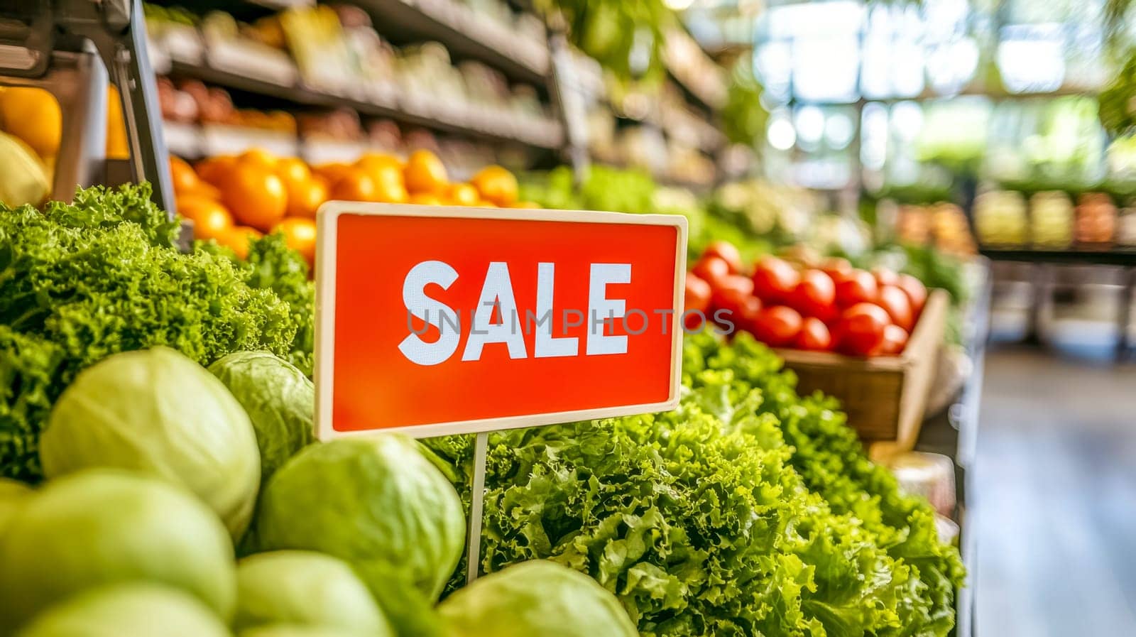 Vibrant display of fresh vegetables in a busy grocery store, with a sale sign promising discounts on lettuce, cabbage, tomatoes, and oranges, promoting healthy choices and smart shopping