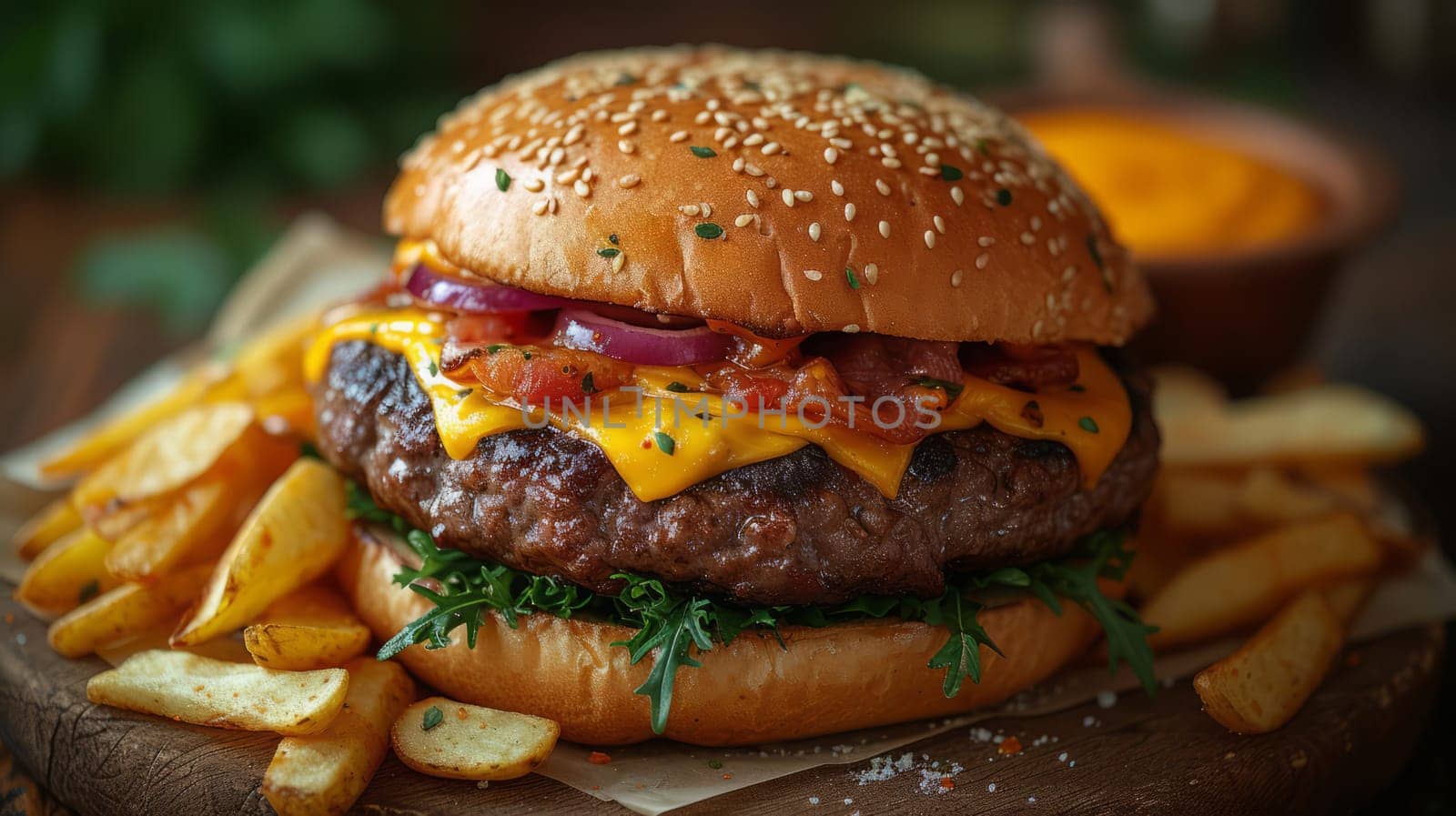 Close up view of delicious cheeseburger. Fast food concept.