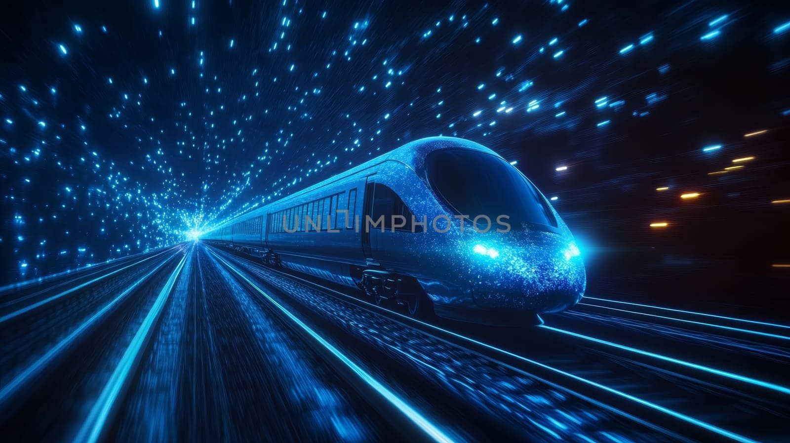 A sleek, high speed train races through a tunnel of blue lights, embodying modern technology and speed.