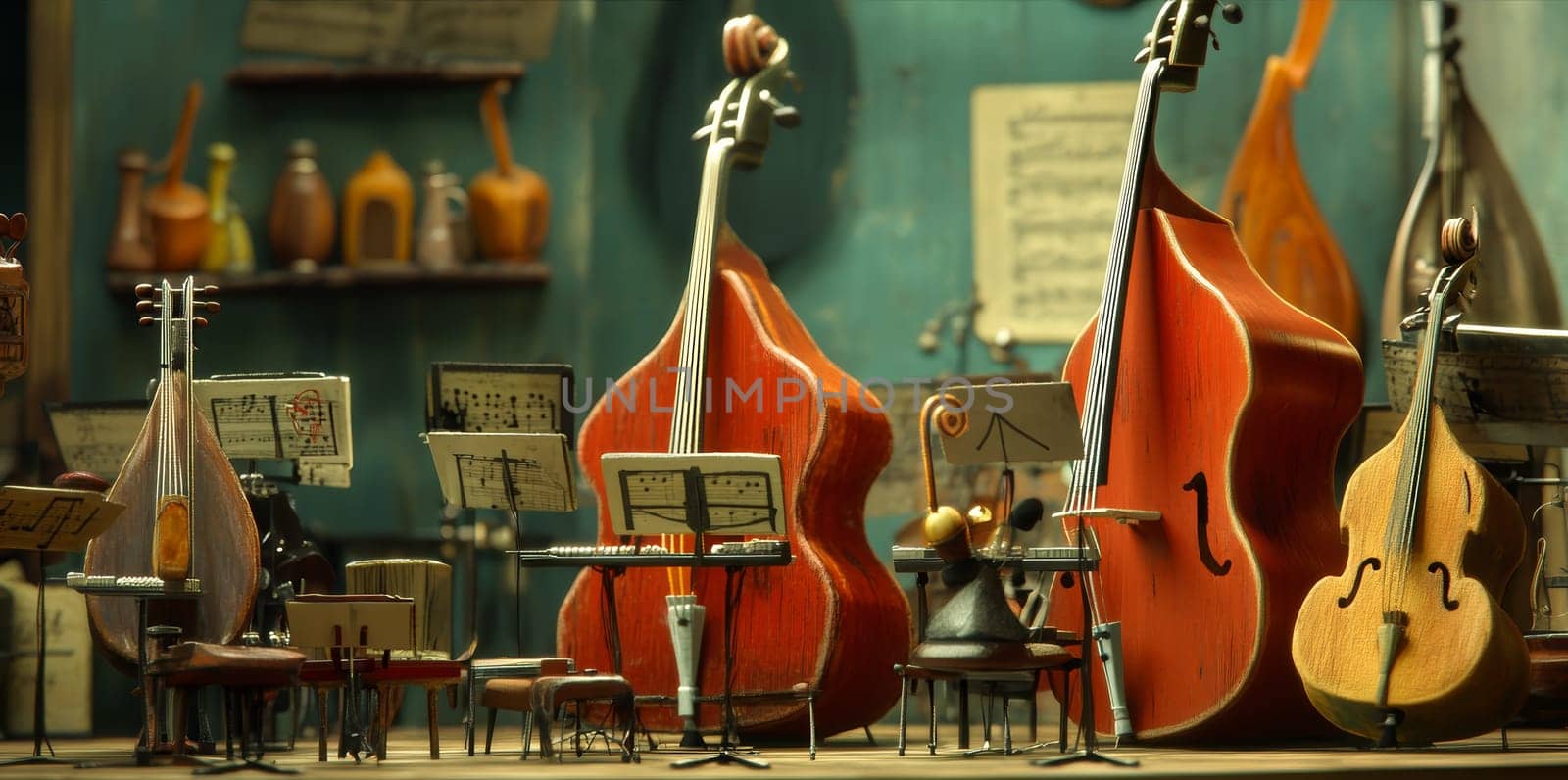 A charming miniature orchestra setup with tiny instruments and music sheets, capturing the essence of musical creativity.