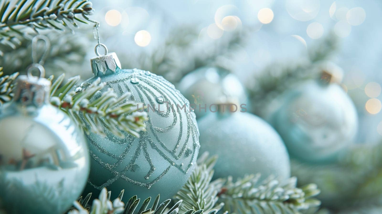 Blue christmas baubles on a fir branch, bokeh fairy light, snowflakes, banner, background or greeting card, winter season