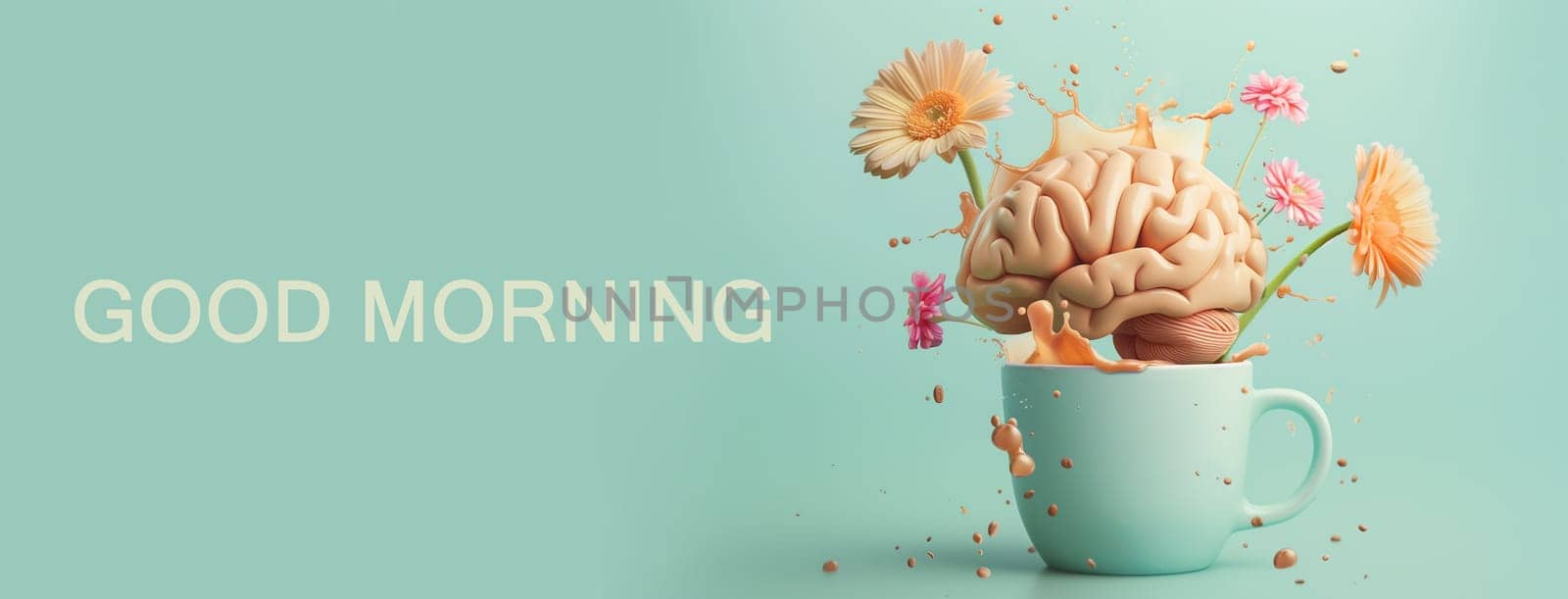 Good morning, human brain, coffee splash from a cup, flowers growing from mind, mental health concept, positive optimism thinking, creative idea