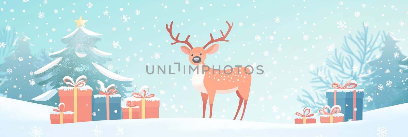 Reindeer with present boxes and a santa claus sack in the snow covered forest, merry christmas holiday greeting card, winter season