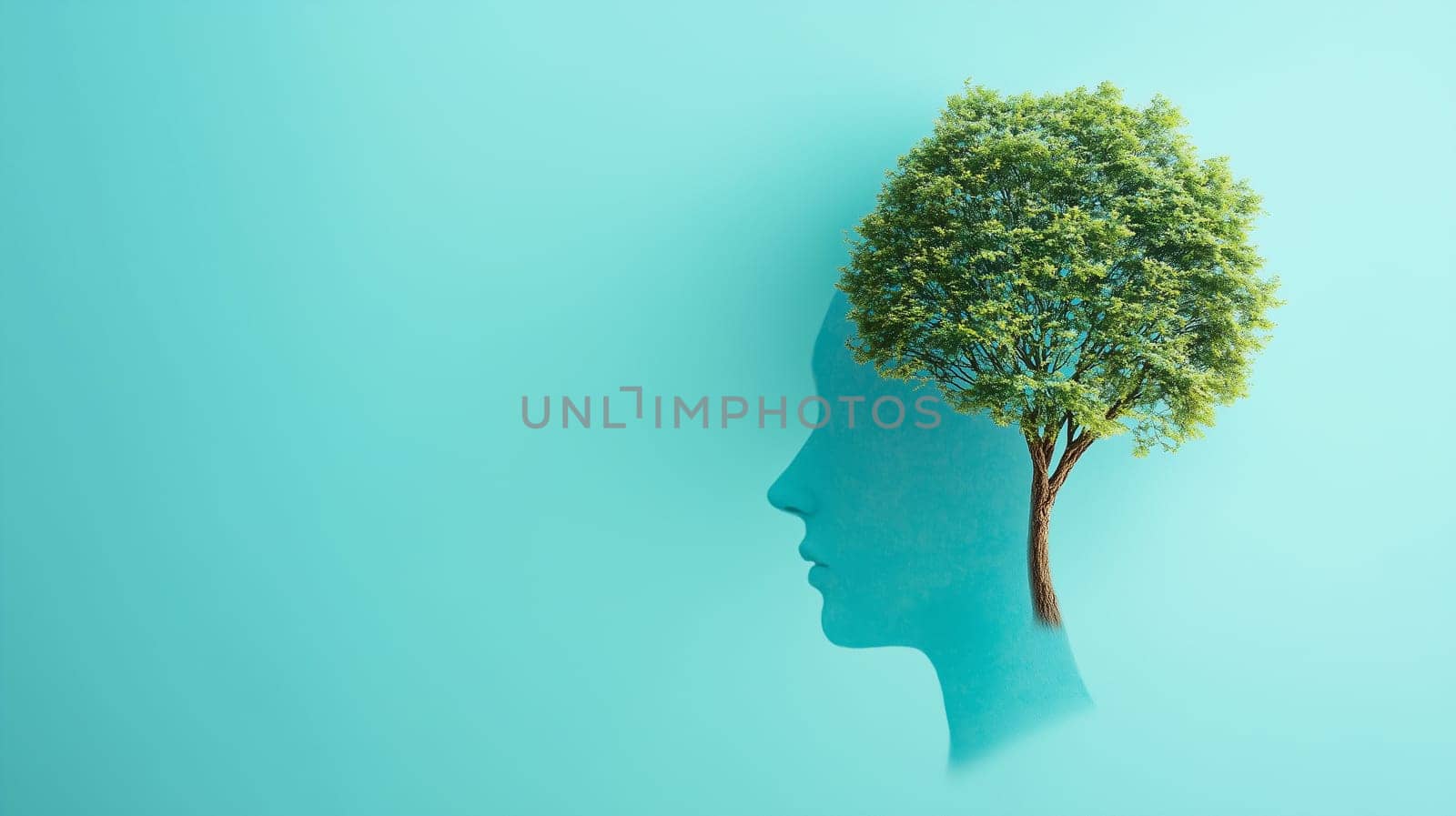 Tree growing in human mind, mental health concept, positive attitude and inspiration, creative thinking brain, personal development und success