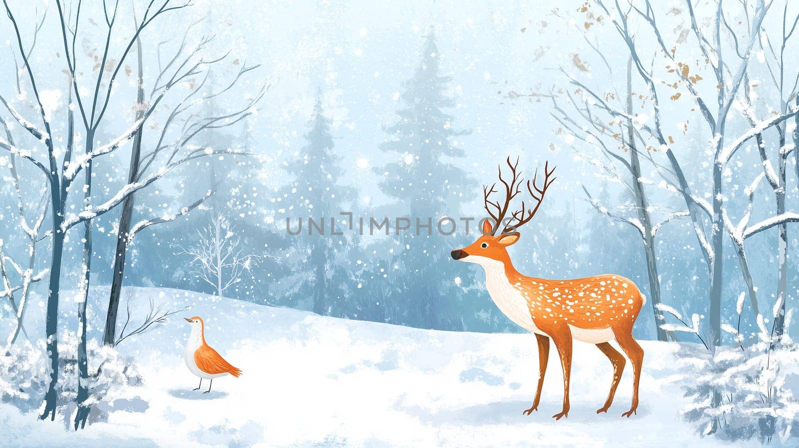 Reindeer and bird in the snow covered forest, merry christmas holiday greeting card, winter season, animal cartoon illustration for children, fairy tale