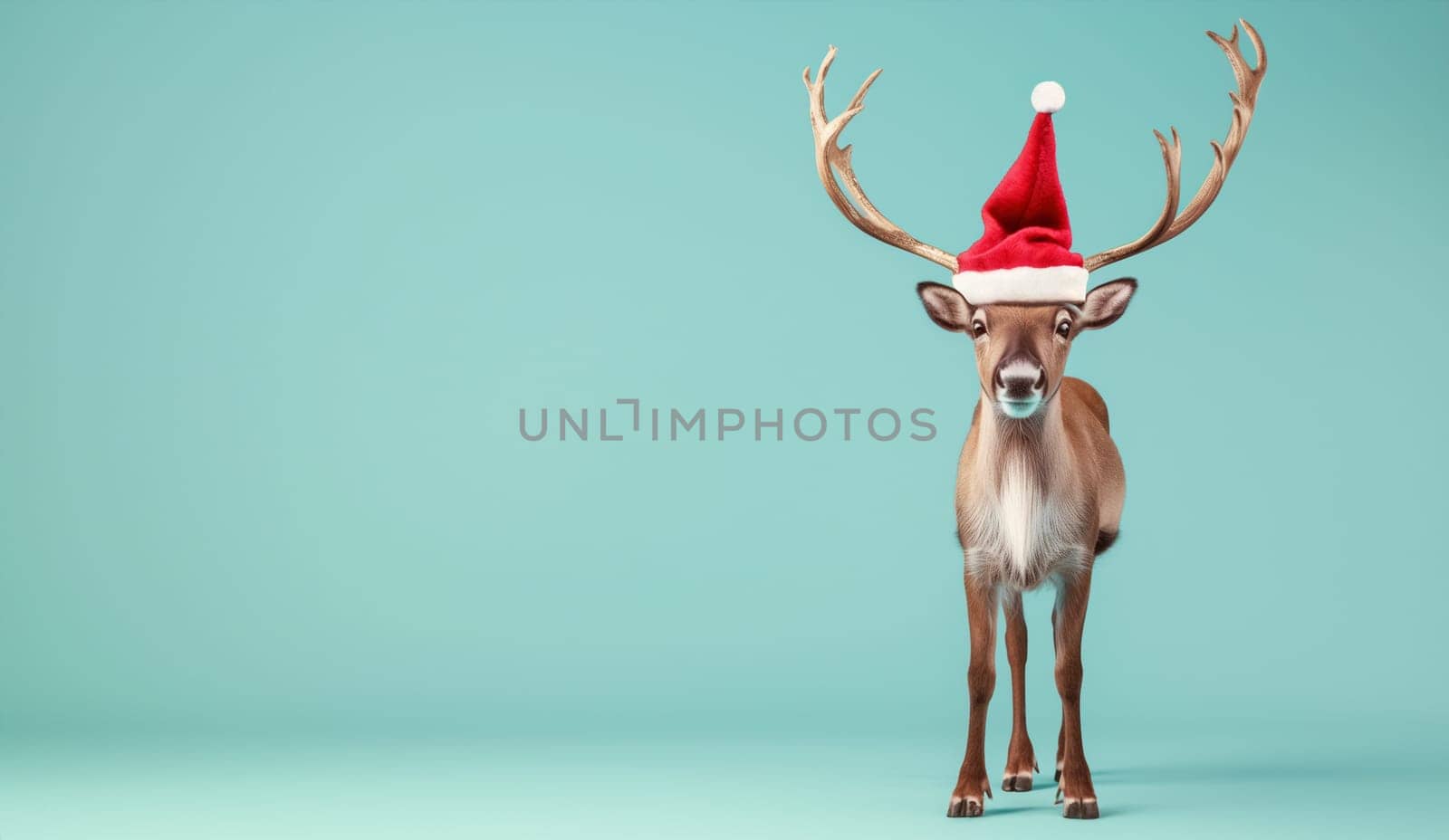 Deer with a red santa claus hat, merry christmas holiday greeting card, xmas winter season, copy space