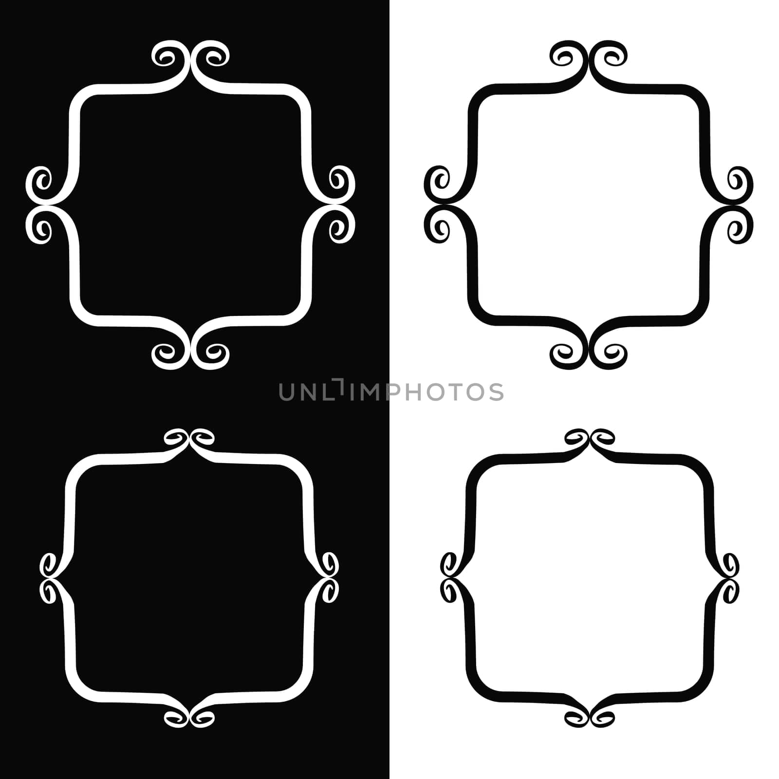 Cute hand drawn picture frames set. Ink brush borders with doodle whimsical swashes. Graphic design elements for baby shower or wedding invitation, greeting card, scrapbook. Doodle vector illustration