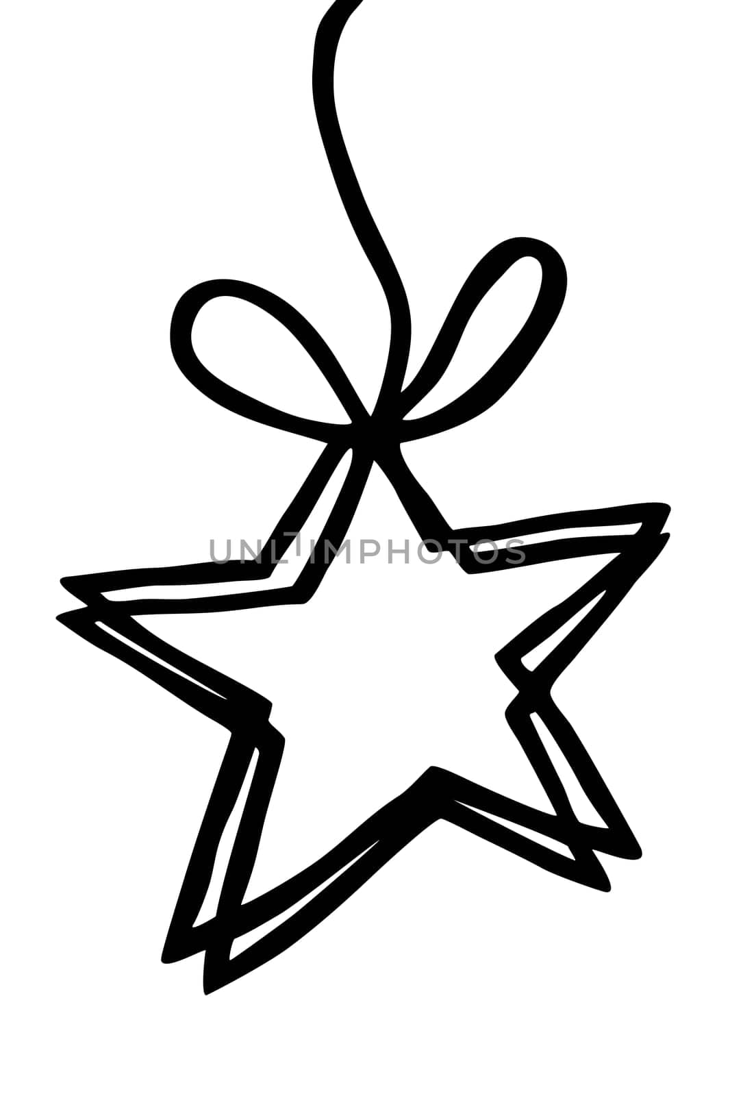 Hand drawn Christmas pine tree star ball ornament hanging on a string, holiday card style with copy space. Vector illustration isolated on white background