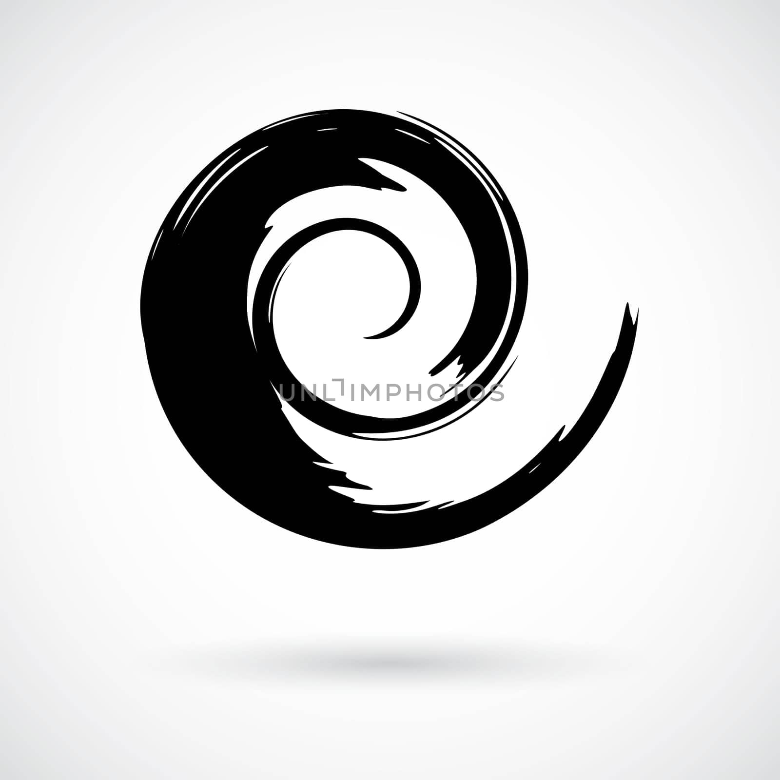 Whimsical spiral symbol. Hand painted with ink watercolor brush. Modern swirling blob button. Decorative circular coil ornament. Radial rotation snail. Graphic design element. Vector illustration.