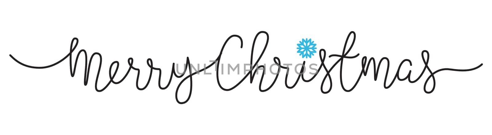 Merry Christmas lettering banner with snow flake hand drawn with thin line, divider shape. Isolated on white background. Vector illustration