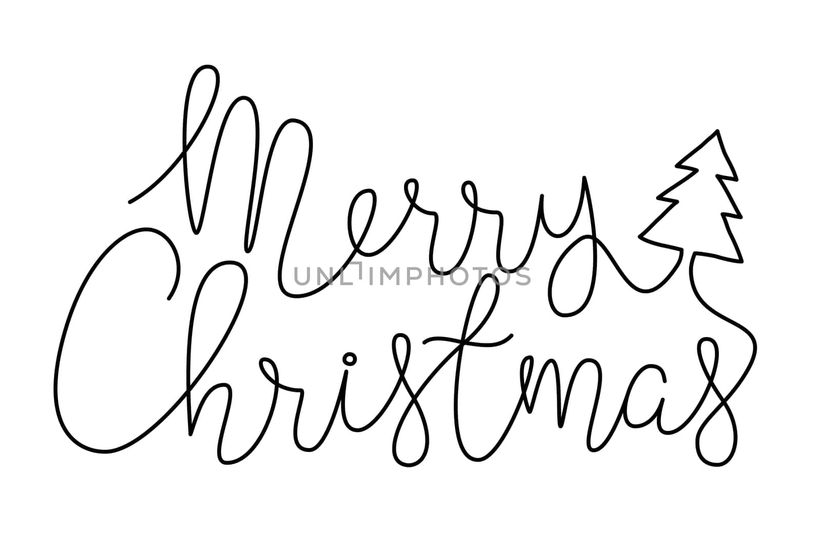 Merry Christmas lettering banner with pine tree hand drawn with thin line, divider shape. Isolated on white background. Vector illustration