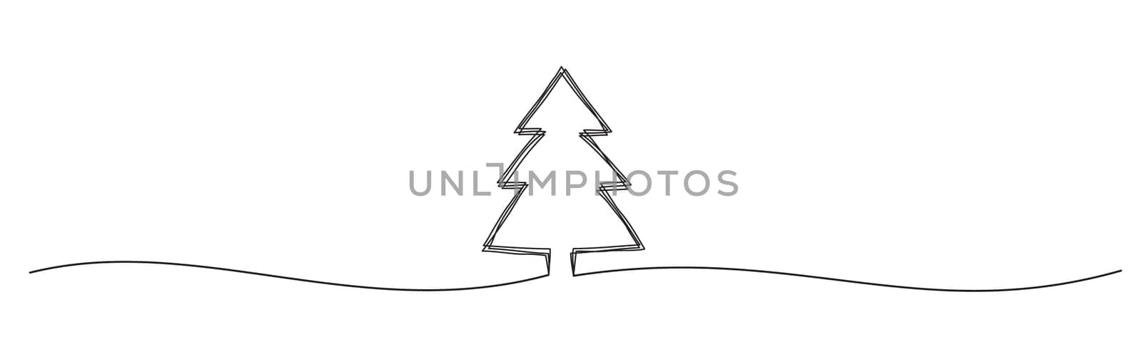 Tangled grungy scribble Christmas Pine Tree hand drawn with thin line, divider shape. Isolated on white background. Vector illustration