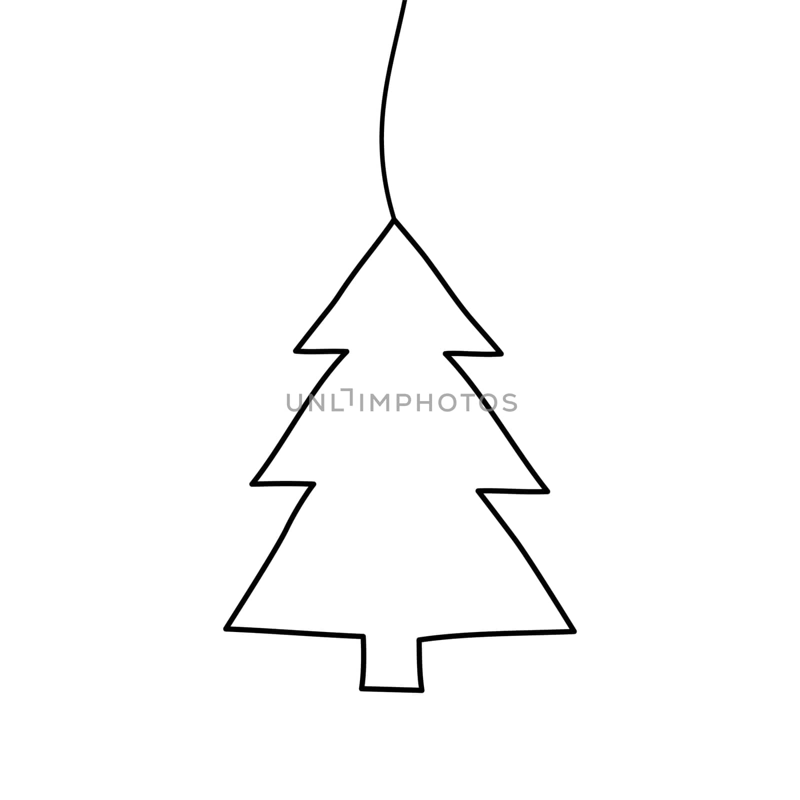 Tangled grungy scribble Christmas Pine Tree decoration hand drawn with thin line, hanging on a string. Isolated on white background. Vector illustration