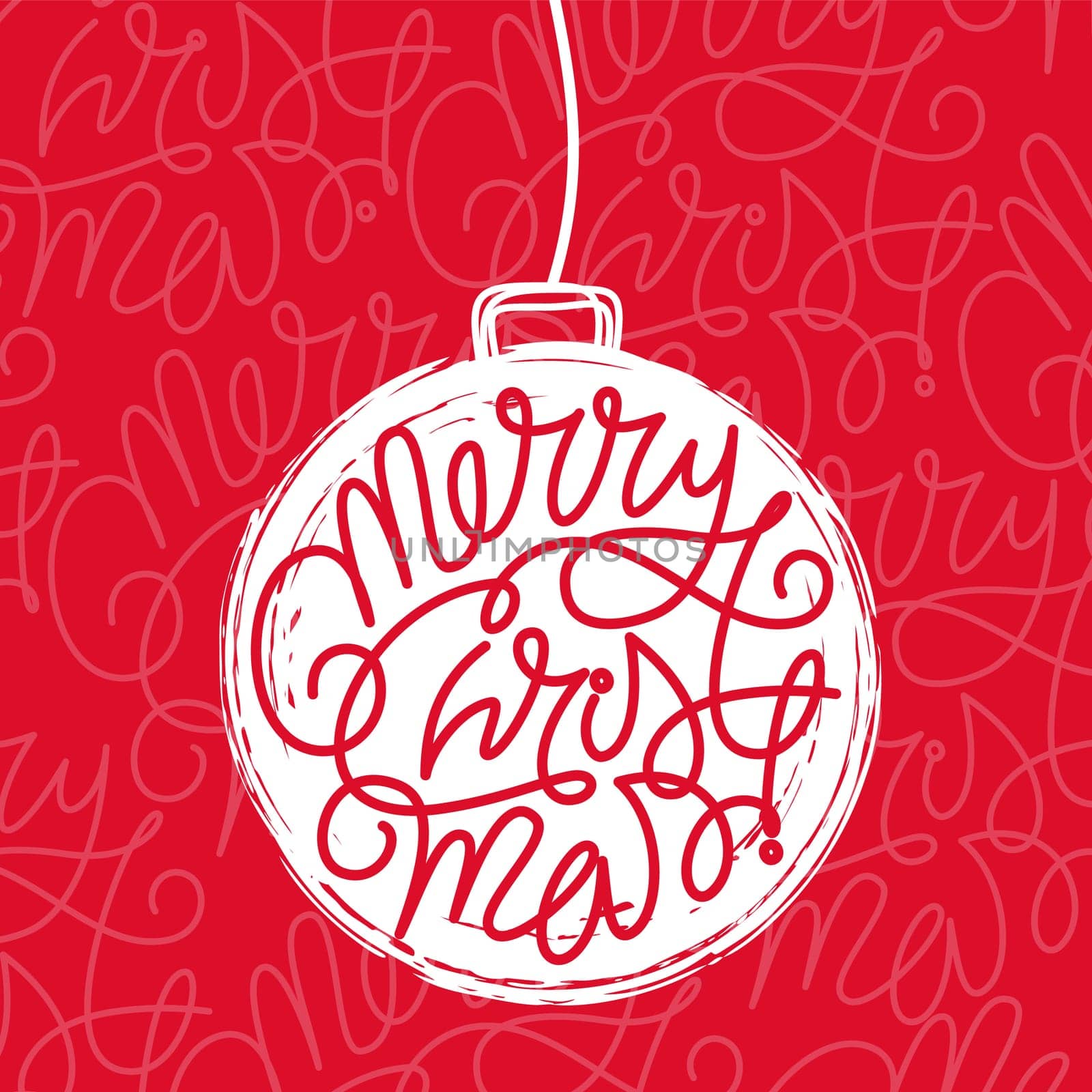 Hand drawn Merry Christmas lettering element in hand painted ink pine tree ball ornament style hanging on a string, holiday card. Vector illustration isolated on white background