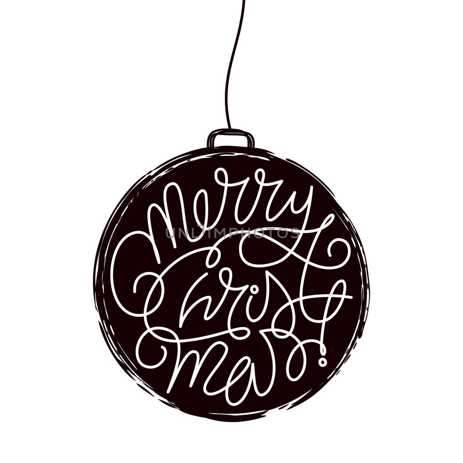 Hand drawn Merry Christmas lettering element in hand painted ink pine tree ball ornament style hanging on a string, holiday card. Vector illustration isolated on white background