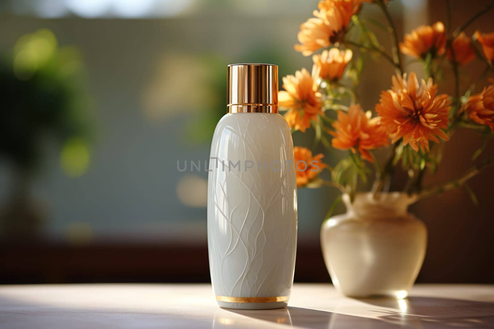 A minimalist white perfume bottle with a gold cap, elegantly displayed next to a vase of orange flowers, bathed in soft natural light.