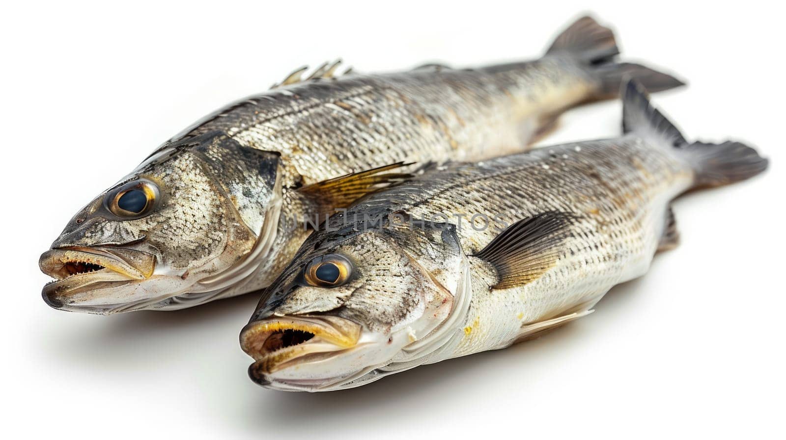A close-up of two fresh, uncooked fish placed side by side on a clean white background