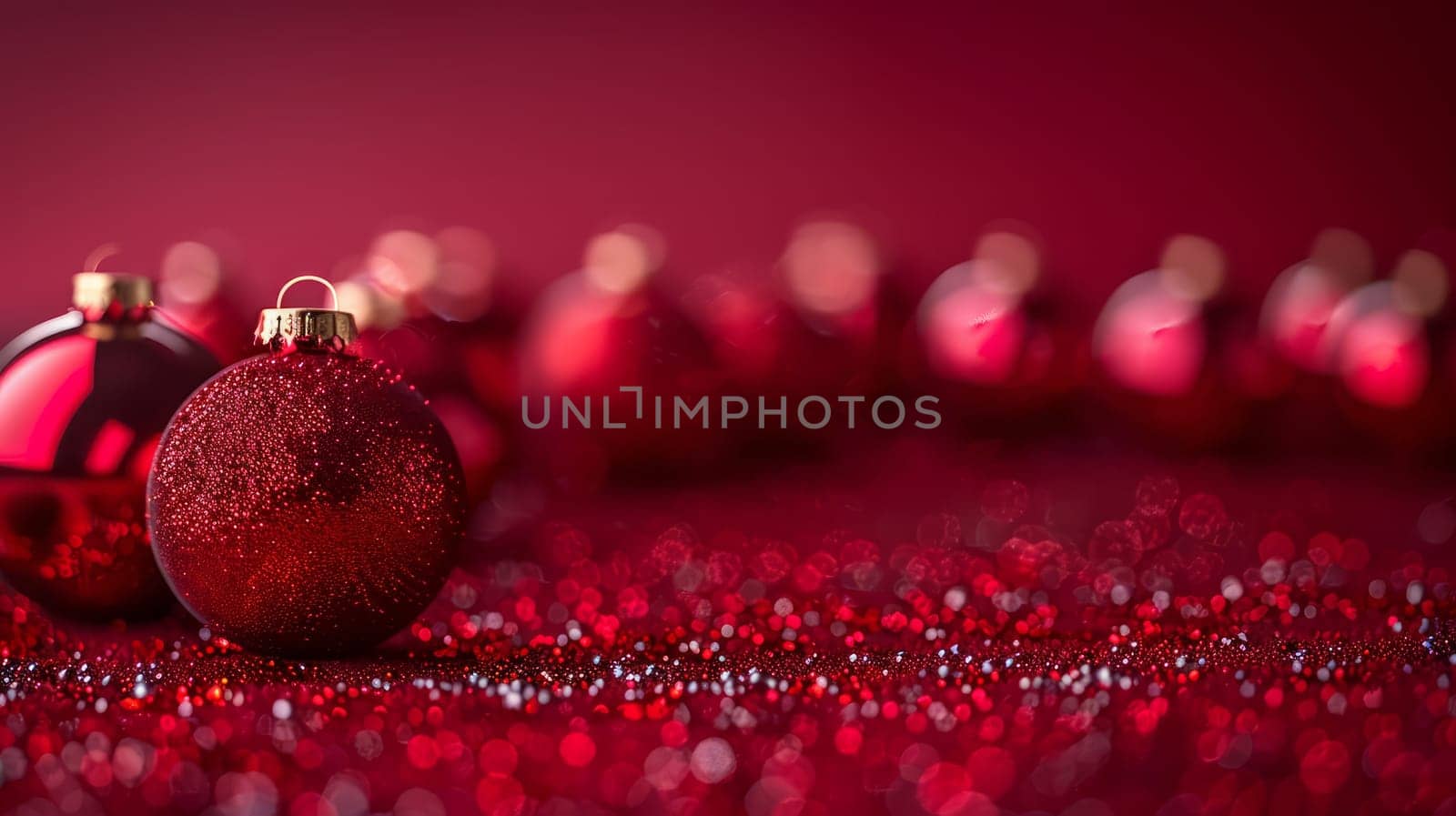 Row of red Christmas tree balls on shiny surface.background with copy space
