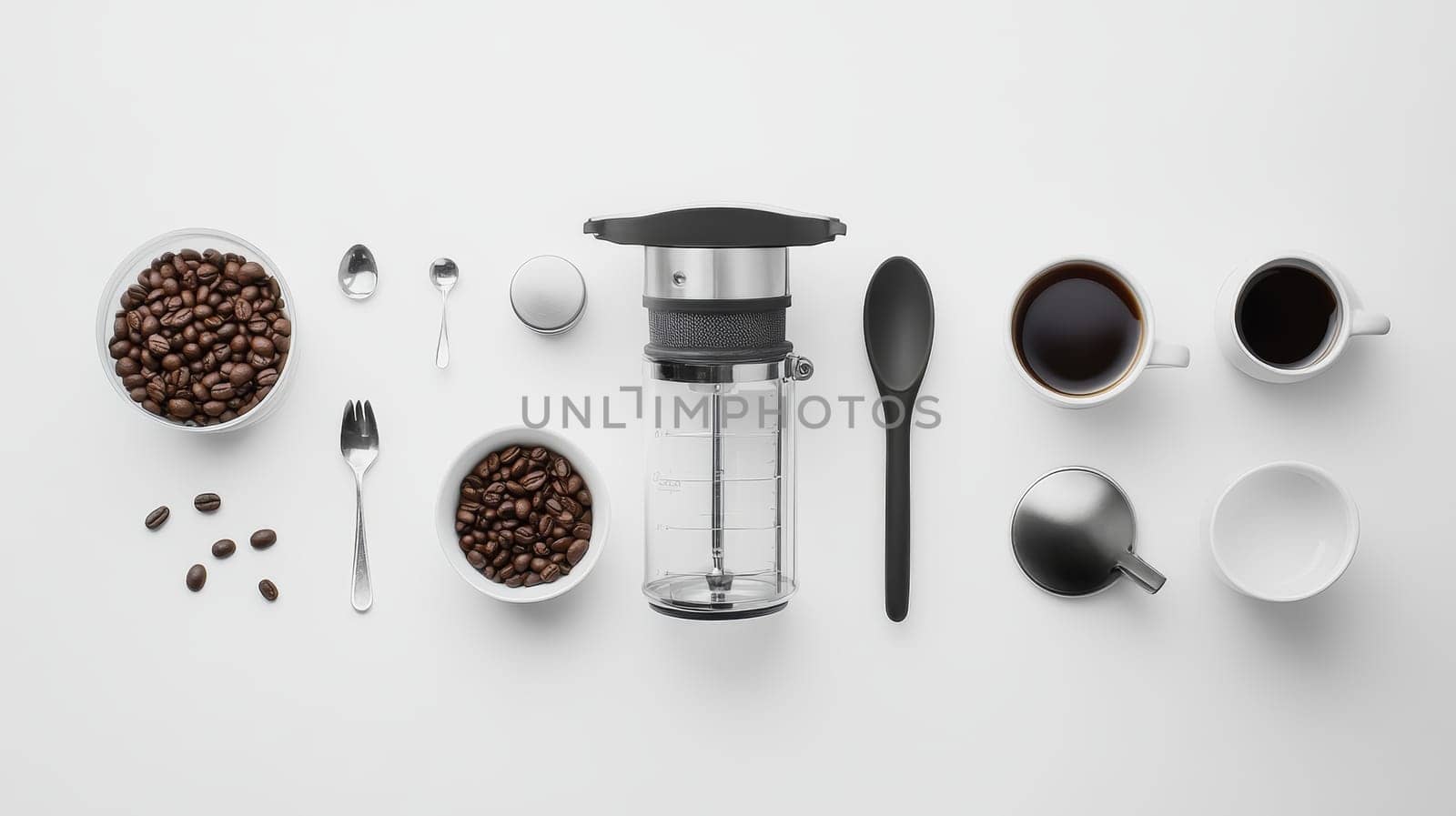 Flat lay of coffee brewing accessories including fresh beans, grinder, cups, and utensils arranged neatly on white background, showcasing modern coffee culture.