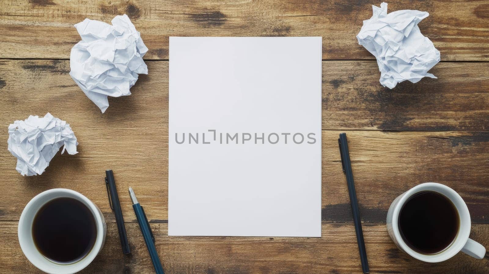 Blank white paper surrounded by crumpled drafts, coffee cups, and writing tools on a rustic wooden table, perfect for creative writing or brainstorming ideas.